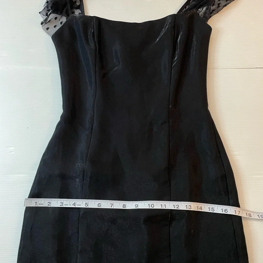 VTG Jessica McClintock Gunne Sax Black Satin Evening Gown Dotted Tulle Ruffle 5 - Picture 11 of 13